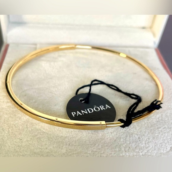 ❌SOLD❌New Pandora Signature 14k Solid Gold I-D Bangle Bracelet 552227C00 Size 2 - Picture 4 of 9